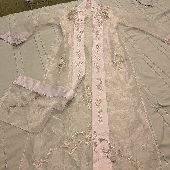 Long Dress Evening Kimono Cardigan Topper Robe Small White sheer Sparkles design - Picture 2 of 11